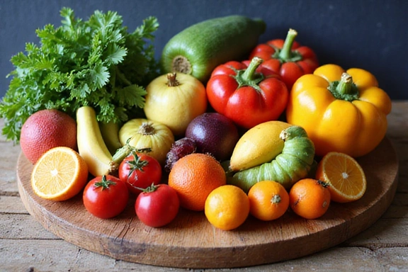 Colorful fruits and vegetables on a cutting board