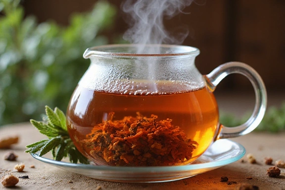 Herbal tea being brewed in a glass teapot