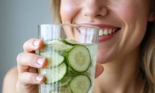Woman drinking water with cucumber slices